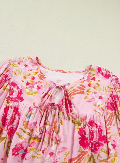 Plus Size Floral V Neck Tie Front Tunic Top