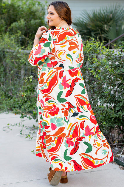 Plus Size Orange Floral Print Drawstring V Neck Tiered Dress - Plus Size XL-4XL - View 2