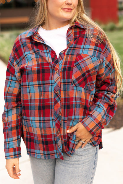 Plus Size Red Plaid Print Buttoned Shirt - Plus Size XL-4XL - View 7