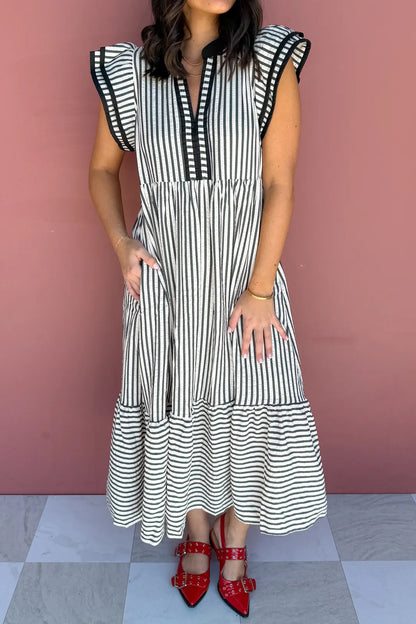 Plus Size Striped V-Neck Tiered Flutter Sleeve Maxi Dress - Plus Size Clothing