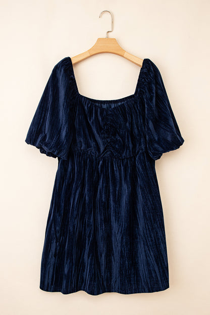 Plus Size Velvet Ruched Square Neck Puff Sleeve Dress - Plus Size XL-4XL - View 8
