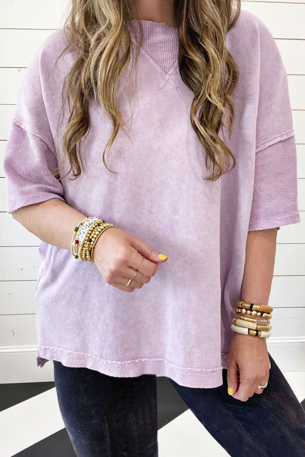 Plus Size Mineral Wash Drop Sleeve Patchwork Tee
