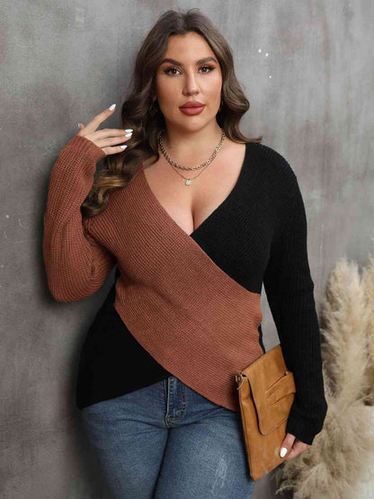 plus-size-two-tone-surplice-neck-sweater