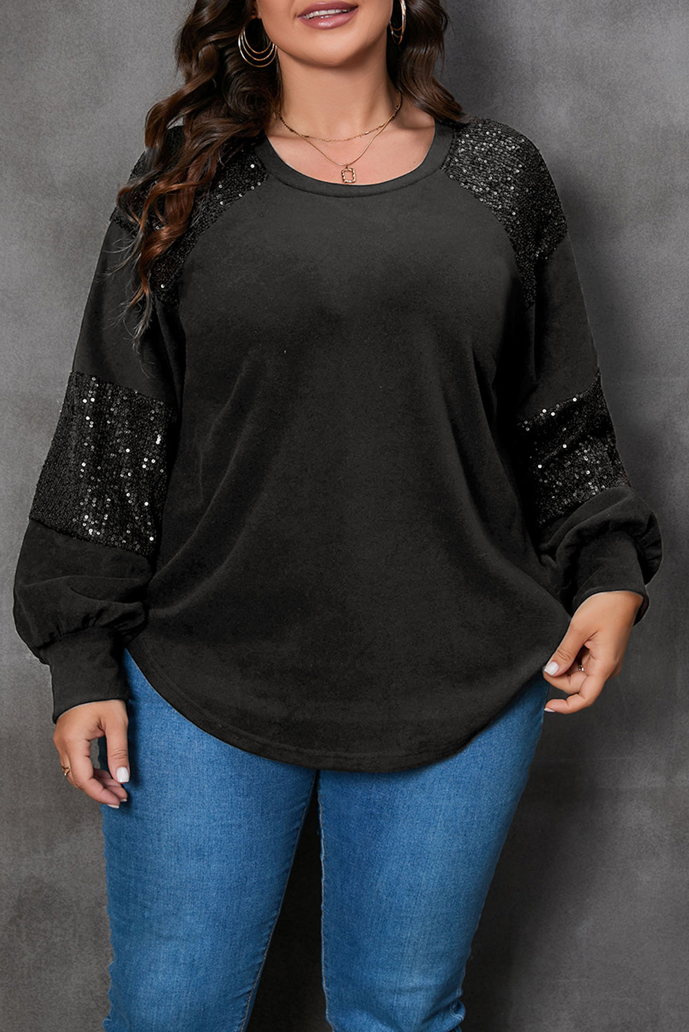 Plus Size Sequin Patchwork Crew Neck Long Sleeve Top