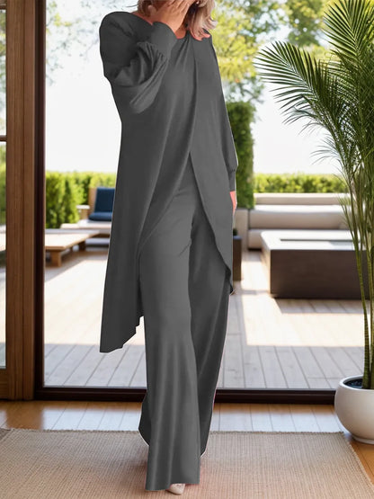 Plus Size Long Sleeve Wide Leg Pants Set