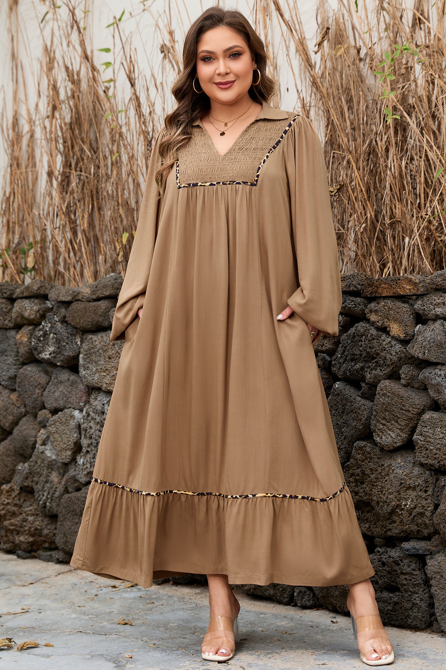Plus Size Smocked V Neck Leopard Piping Long Dress - Plus Size XL-4XL - View 3