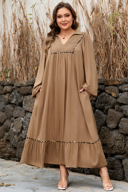 Plus Size Smocked V Neck Leopard Piping Long Dress - Plus Size XL-4XL - View 3