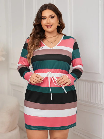 Plus Size Striped V-Neck Long Sleeve Mini Dress - Plus Size XL-4XL - View 3