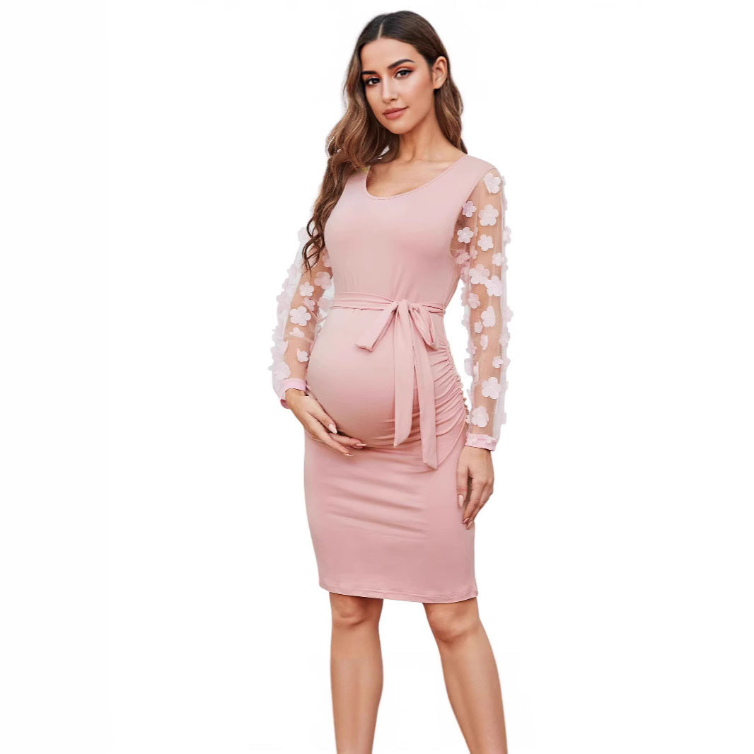 Floral Patchwork Long Sleeve Round Neck Fitted Maternity Dress - Plus Size Clothing