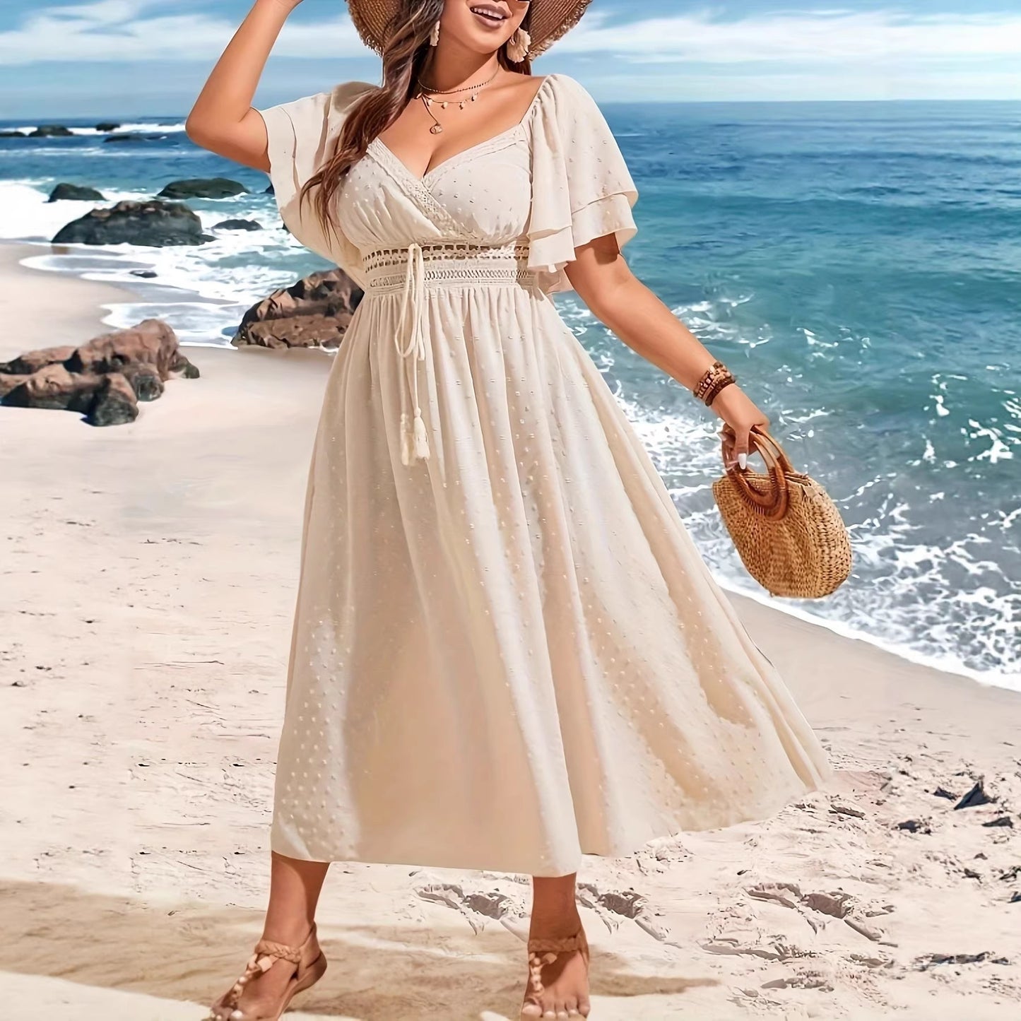 Plus Size Elegant V-Neck Long Sleeve Waist-Cinching Dress