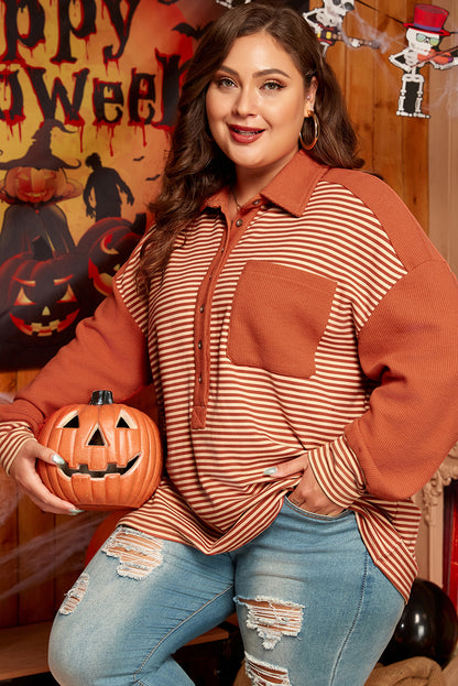 Plus Size Striped Textured Patched Drop Shoulder Buttoned Sweatshirt - Plus Size XL-4XL - View 3