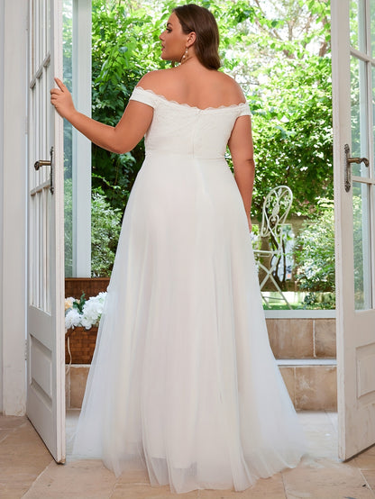 Plus Size Off-the-Shoulder Lace Bridal Gown - Plus Size Clothing