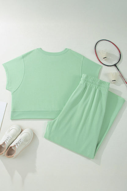 Plus Size Ribbed Short Sleeve Top and Drawstring Pants Set - Plus Size Clothing