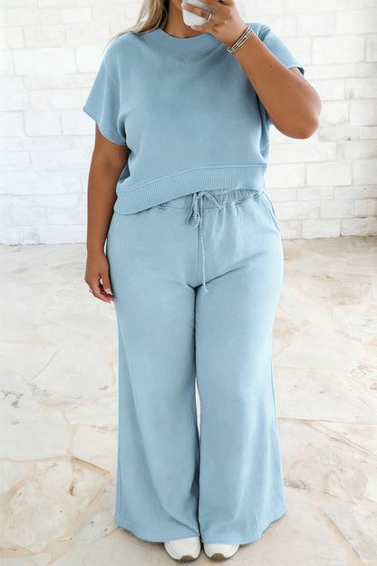 Plus Size Ribbed Short Sleeve Top and Drawstring Pants Set - Plus Size Clothing