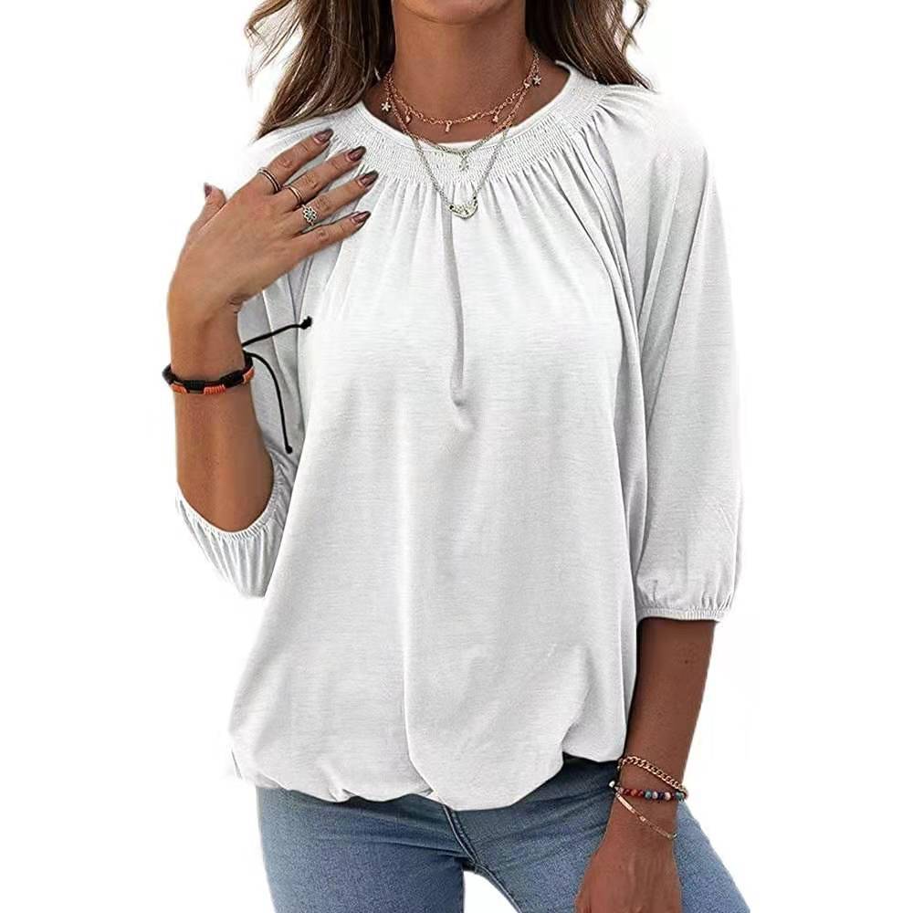 Plus Size Solid Round Neck 3/4 Sleeve Stretch T-Shirt