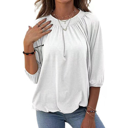 Plus Size Solid Round Neck 3/4 Sleeve Stretch T-Shirt