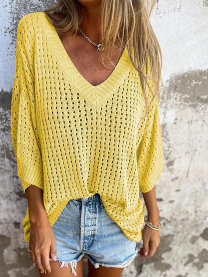 Plus Size Openwork V-Neck Knit Cover Up - Plus Size Clothing