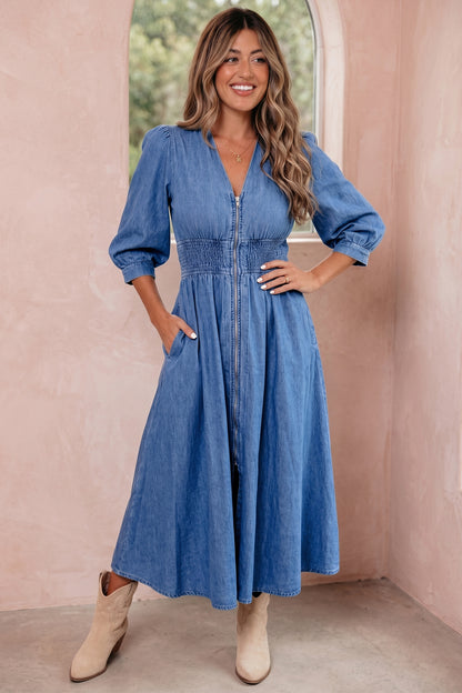 Plus Size V Neck Shirred Waist Denim Midi Dress - Plus Size Clothing