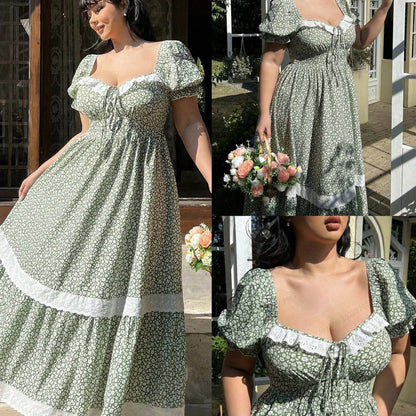 Plus Size Puff Sleeve Summer Dress Square Neck - Plus Size Clothing