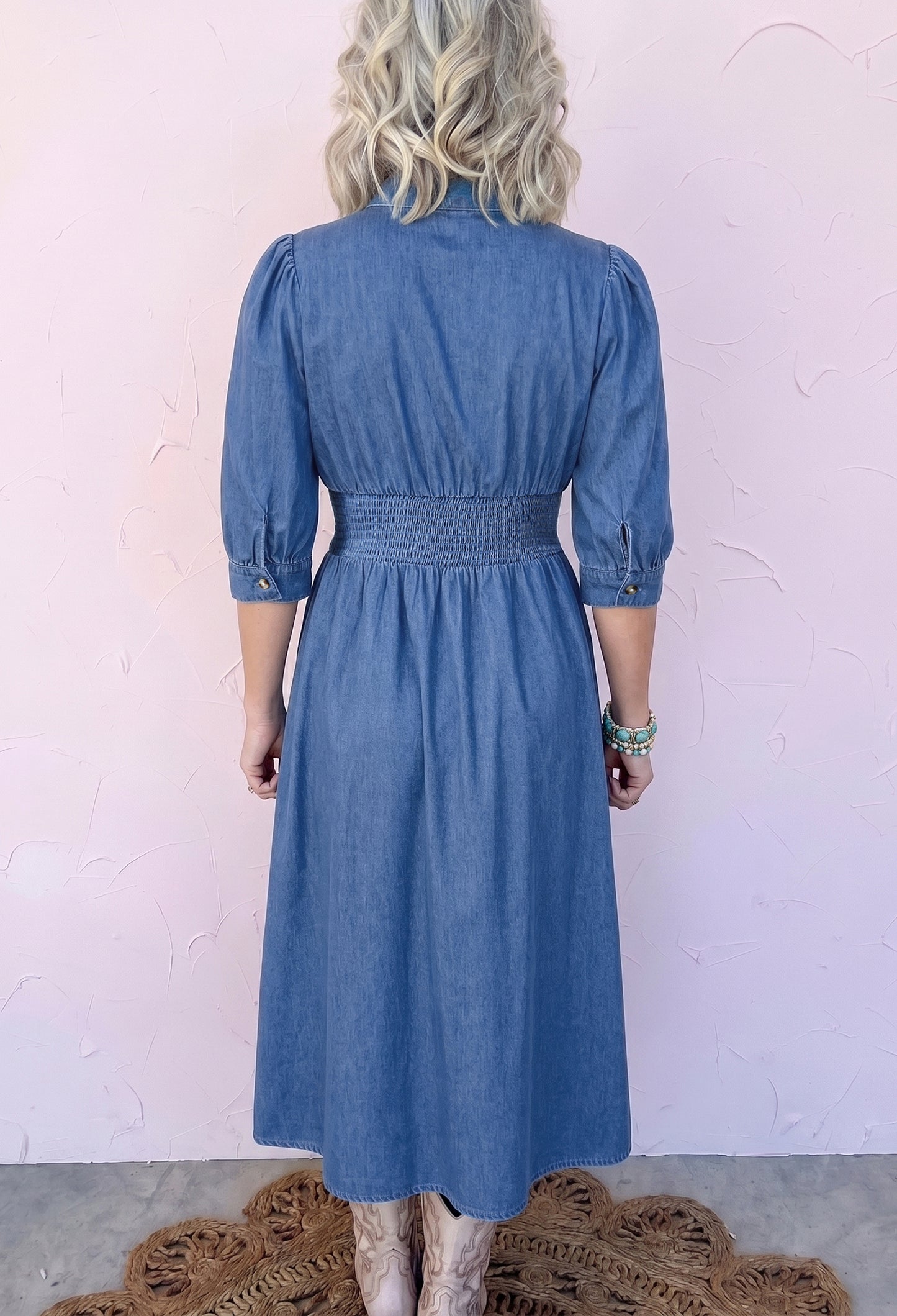 Plus Size V Neck Shirred Waist Denim Midi Dress