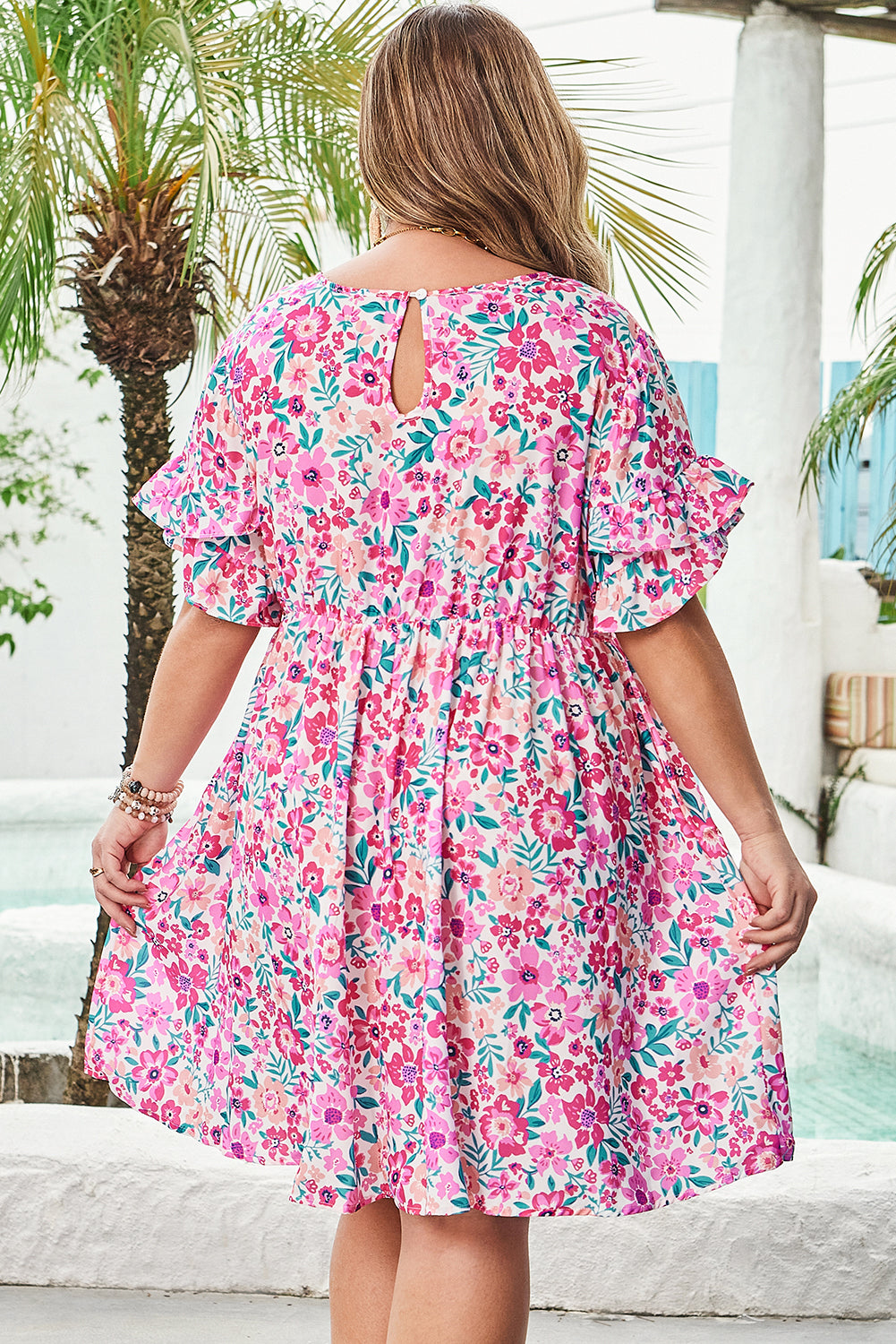 Plus Size White Floral Frilled Flare Dress