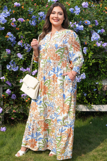 Plus Size Khaki Floral Tiered Midi Dress 3/4 Sleeve