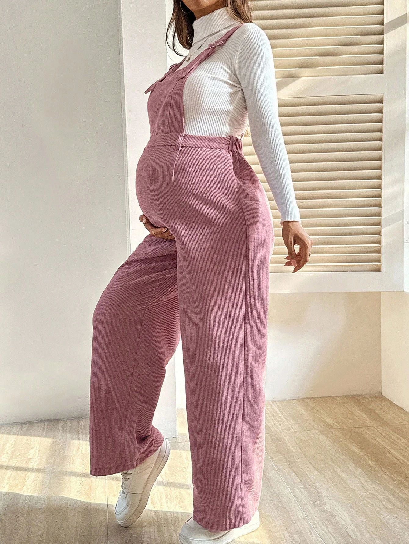 Plus Size Pregnant Elastic Waist Loose Corduroy Overalls