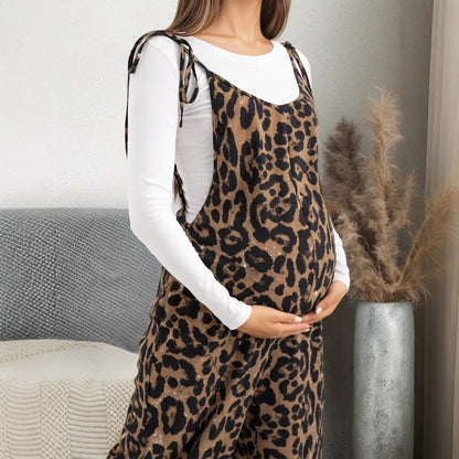 maternity wear leopard print overalls adjustable shoulder straps wide-leg pants - Plus Size Clothing