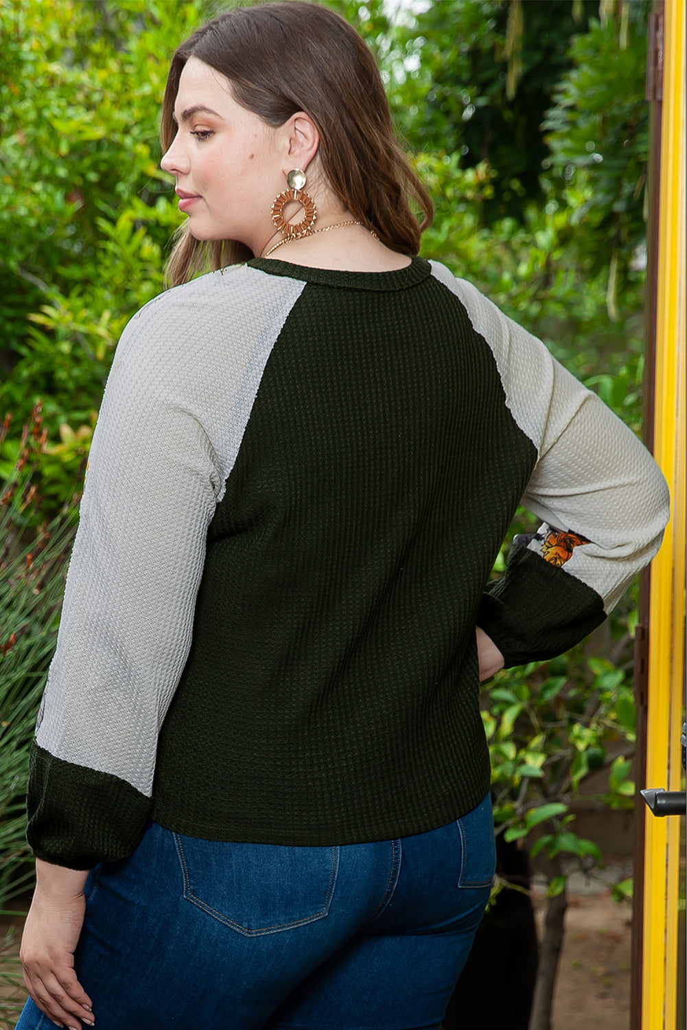 Plus Size Floral Raglan Colorblock Patchwork Knit Blouse