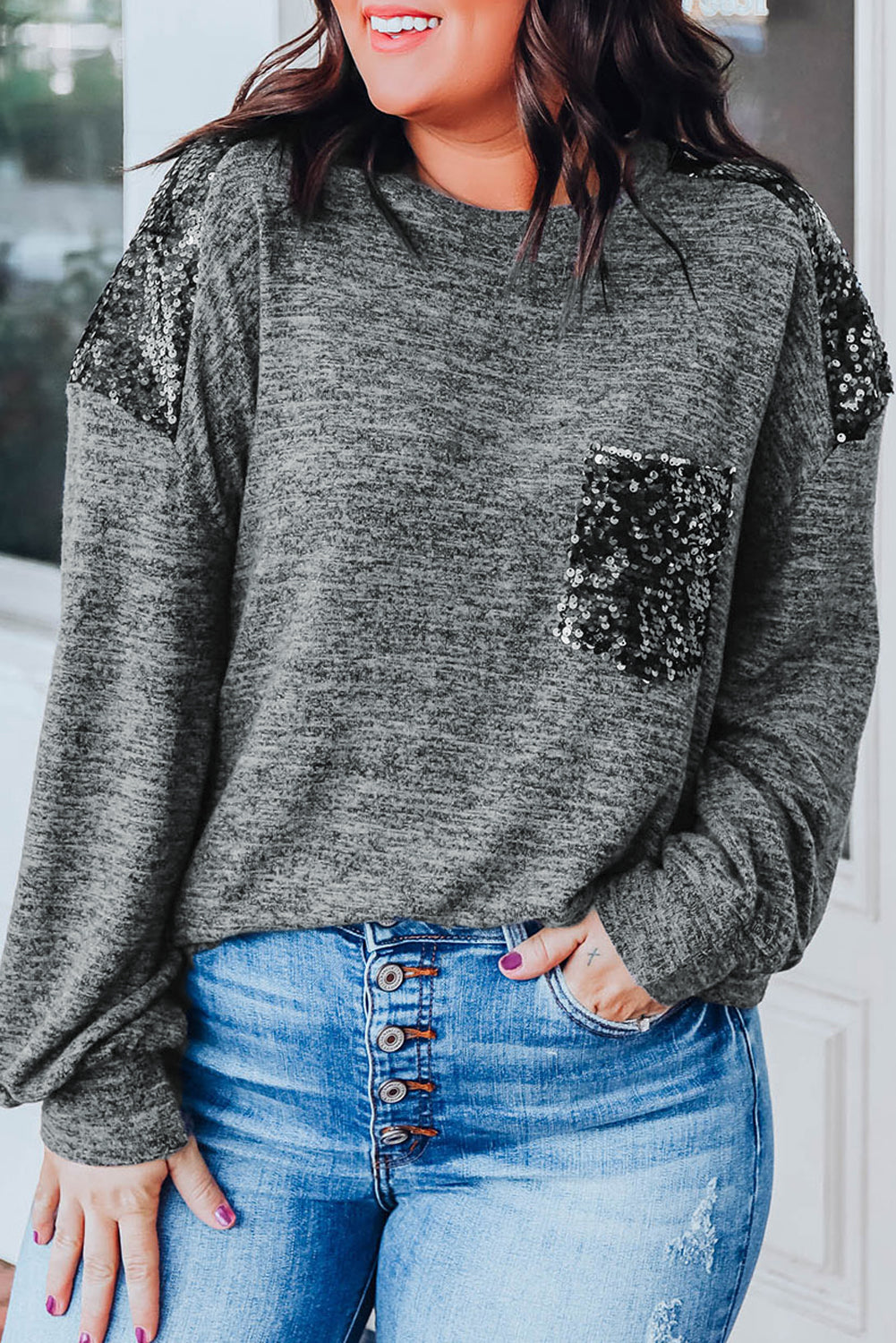 Plus Size Gray Sequin Patchwork Long Sleeve Top