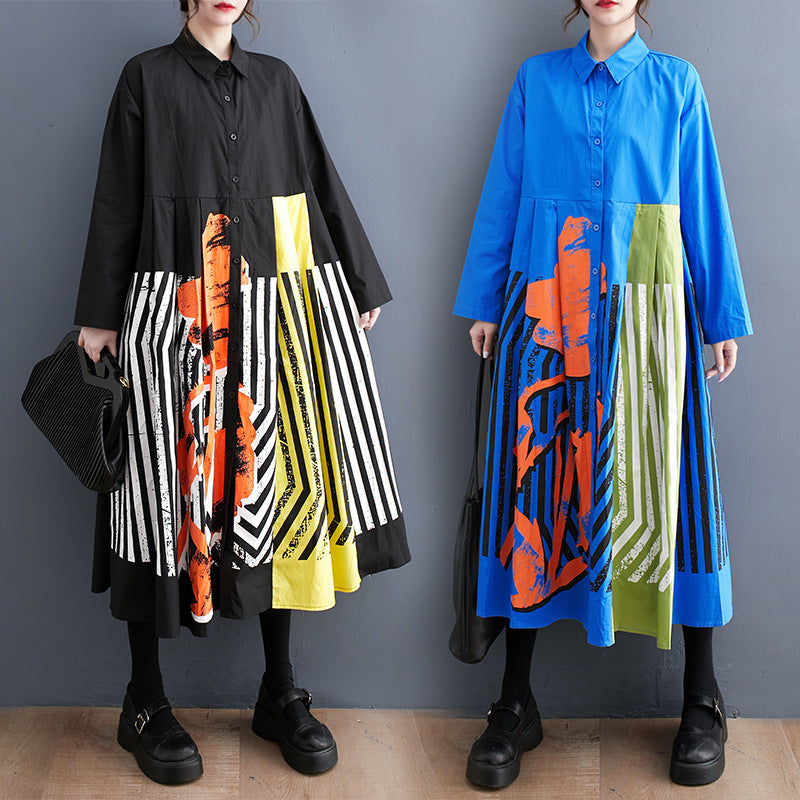Plus Size Casual Loose Printed Patchwork Long Sleeve Dress