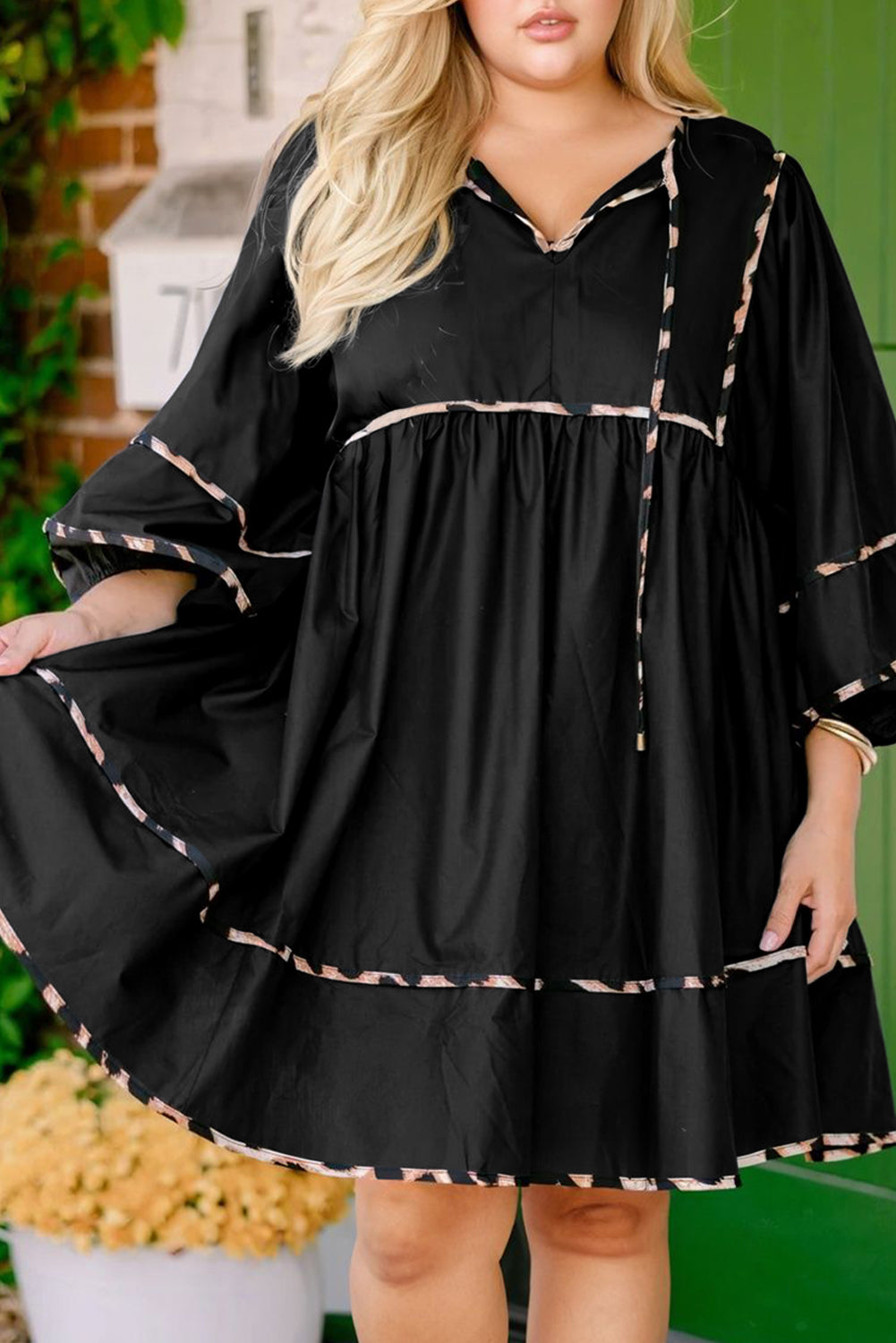 Plus Size Long Sleeve Leopard Tie Neck Flared Mini Dress - Plus Size XL-4XL - View 8