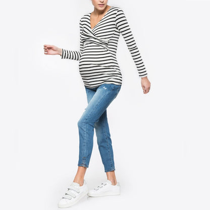 Autumn new V-neck long sleeved striped maternity postpartum clothing breastfeeding T-shirt - Plus Size Clothing