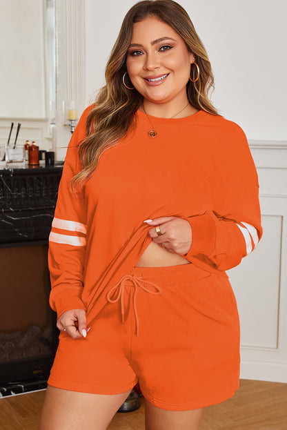 Plus Size Varsity Striped Drop Shoulder Pullover Short Set - Plus Size XL-4XL - View 4
