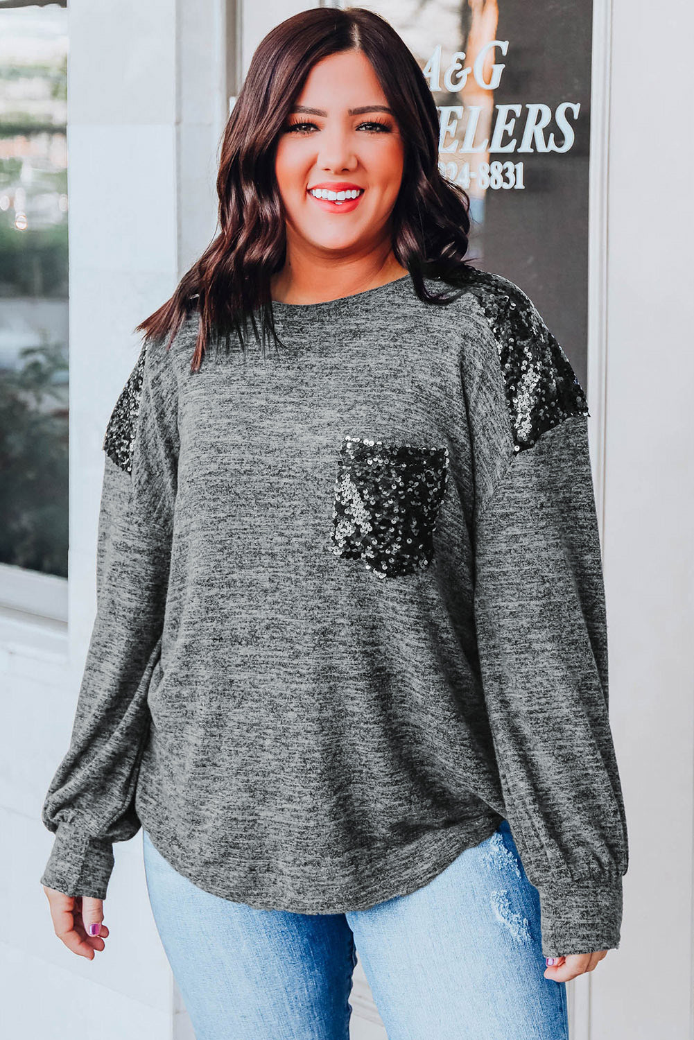 Plus Size Gray Sequin Patchwork Long Sleeve Top