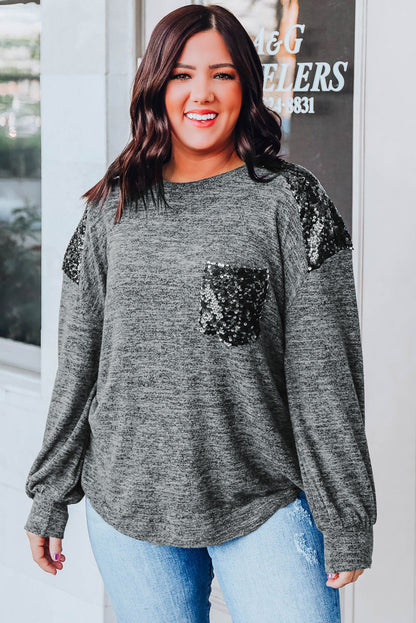Plus Size Gray Sequin Patchwork Long Sleeve Top - Plus Size XL-4XL - View 10