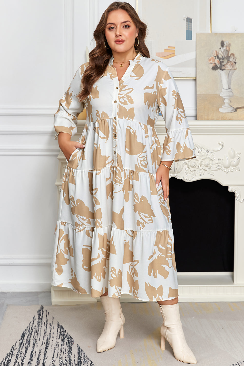 Plus Size Khaki Floral Ruffled Sleeve Tiered A-line Long Dress - Plus Size XL-4XL - View 6