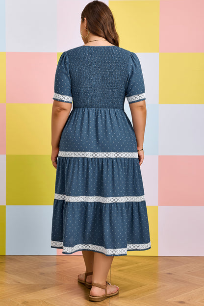 Plus Size V Neck Swiss Dot Lace Midi Dress - Plus Size XL-4XL - View 2