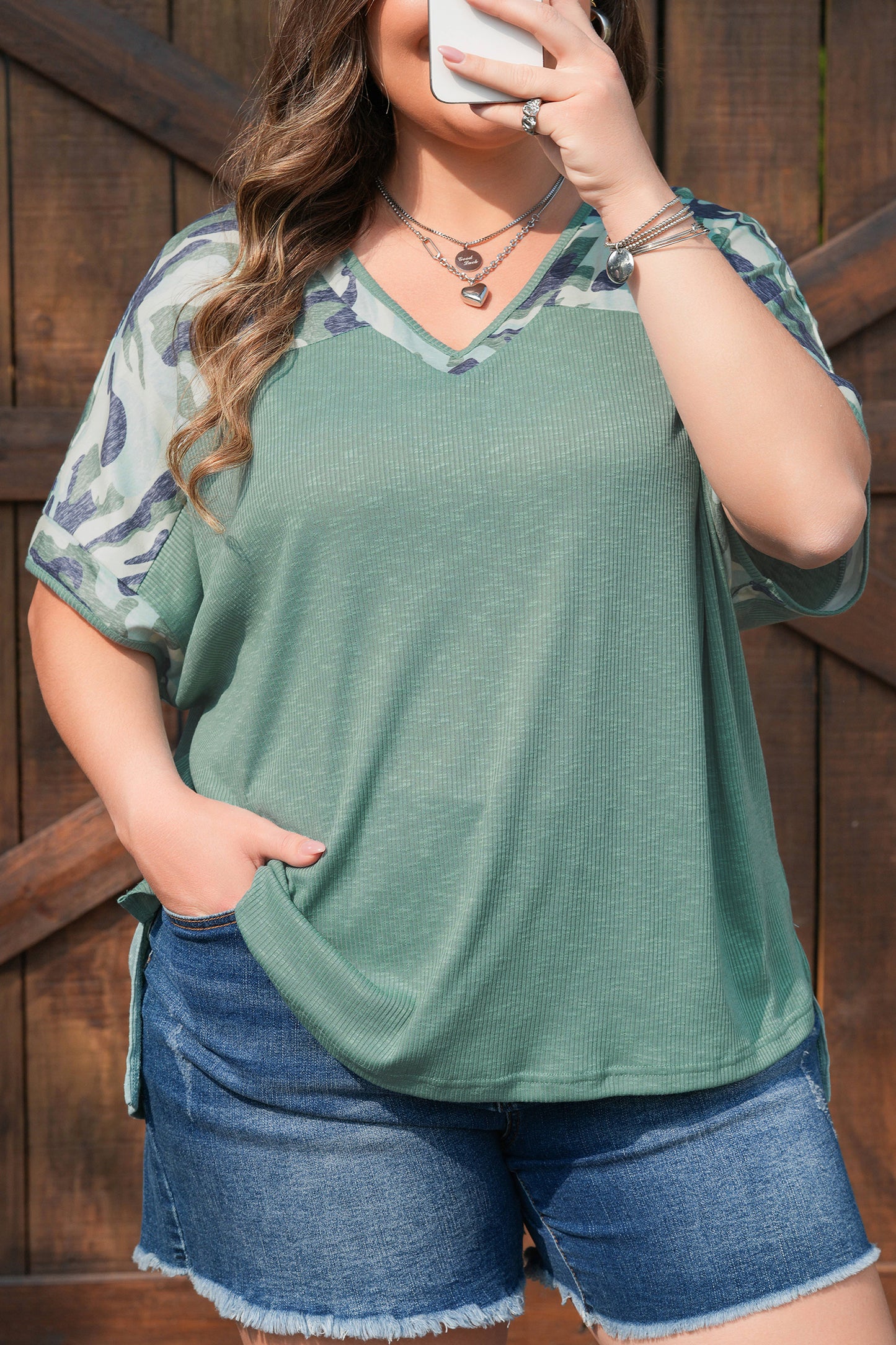 Plus Size Ribbed Camo Patchwork V Neck Tee