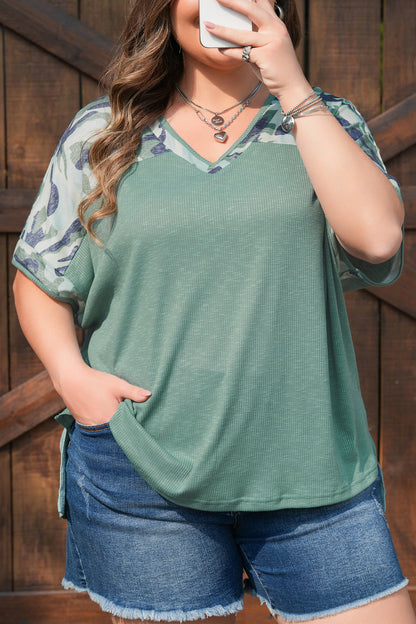 Plus Size Ribbed Camo Patchwork V Neck Tee - Plus Size Clothing