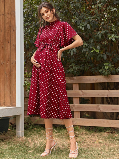 Fashionable and comfortable short sleeved polka dot chiffon maternity dress with straps - Plus Size Clothing