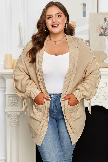 Plus Size Cable Knit Braided Tie Sleeve Cardigan - Plus Size XL-4XL - View 4