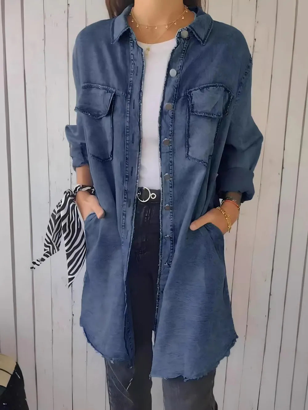Plus Size Raw Hem Button Up Long Sleeve Denim Top