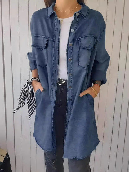 Plus Size Raw Hem Button Up Long Sleeve Denim Top