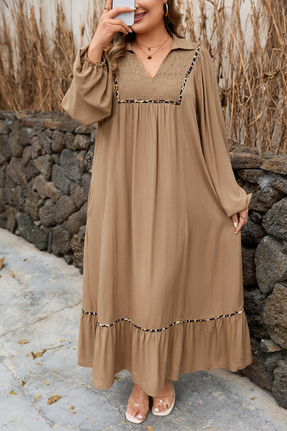 Plus Size Smocked V Neck Leopard Piping Long Dress - Plus Size XL-4XL - View 6