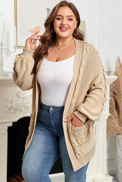 Plus Size Cable Knit Braided Tie Sleeve Cardigan - Plus Size XL-4XL - View 3