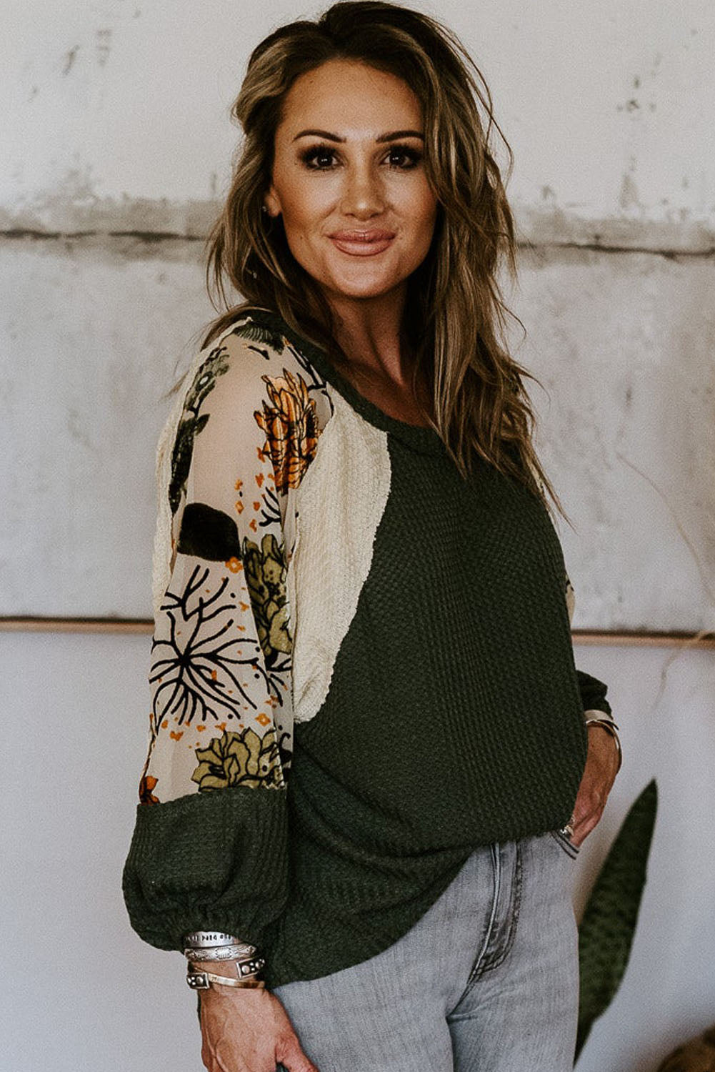 Plus Size Floral Raglan Colorblock Patchwork Knit Blouse