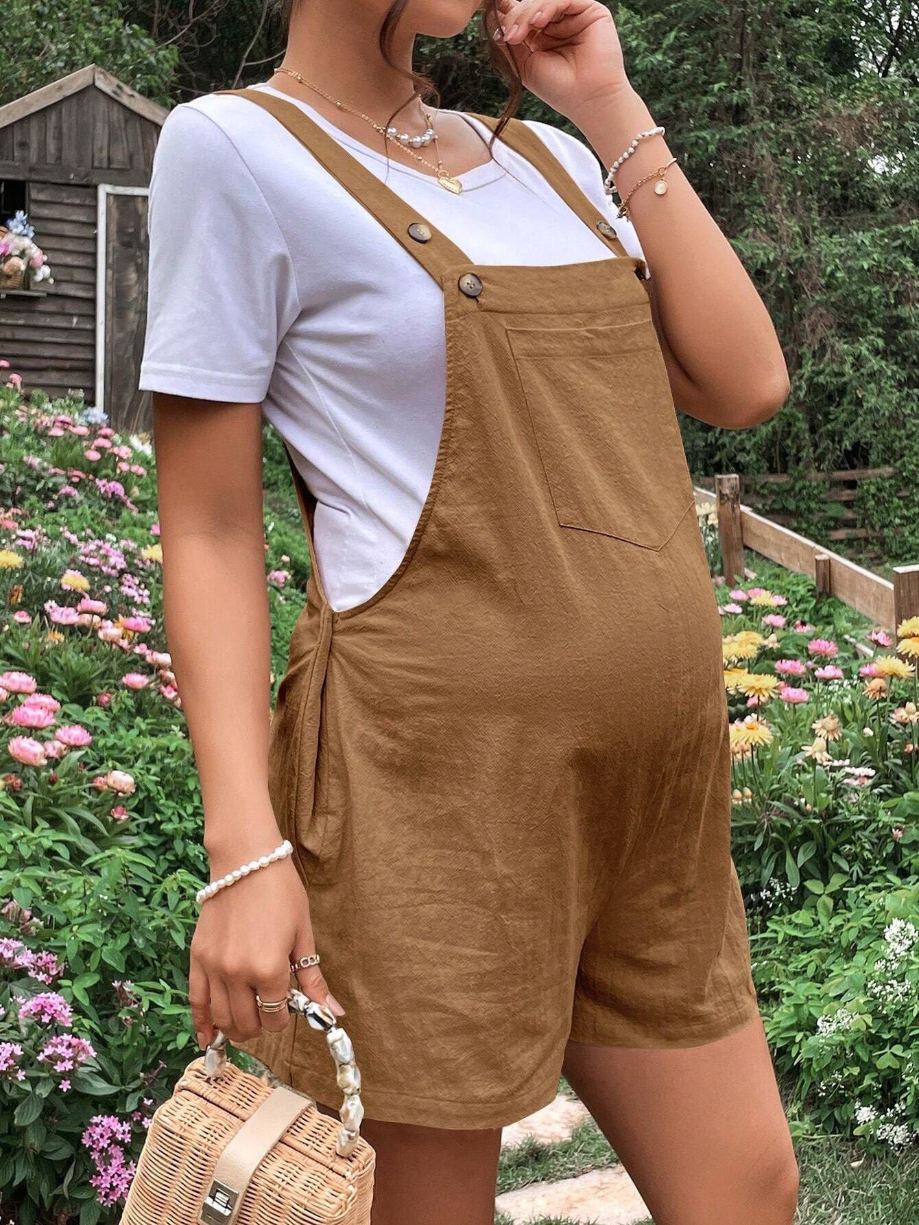casual breathable maternity shorts adjustable waistband with suspenders five-quarter length - Plus Size Clothing