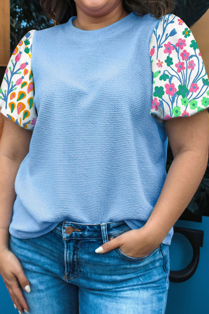Plus Size Textured Bodice Floral Puff Sleeve Top - Plus Size Clothing