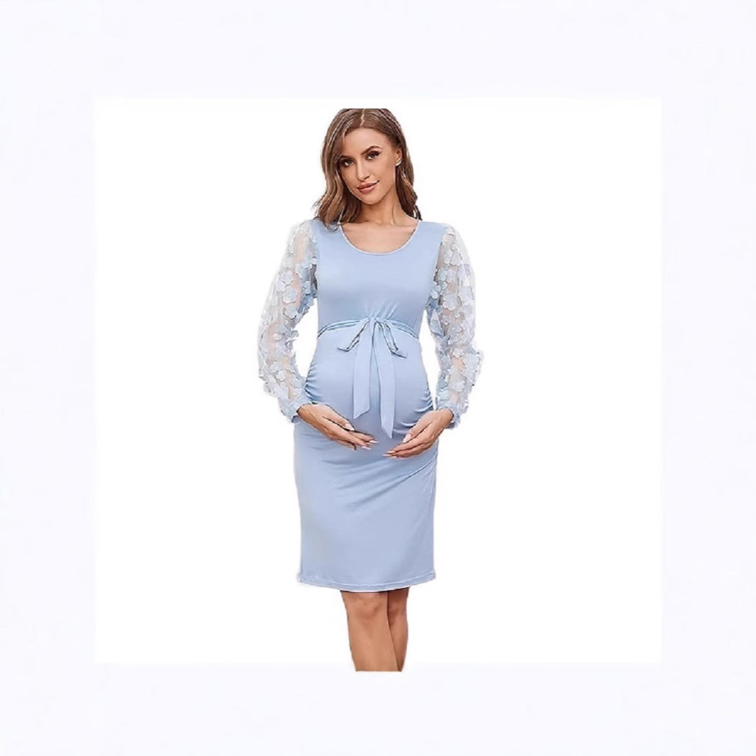 Floral Patchwork Long Sleeve Round Neck Fitted Maternity Dress - Plus Size Clothing